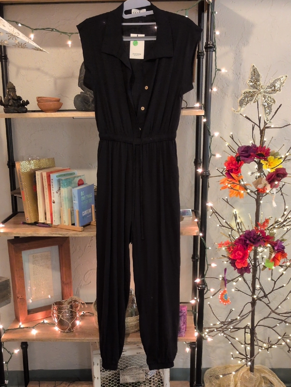 Hayes Blk Button-Front Jumpsuit Elastic Waist+DrawString PXSmall Lightweight